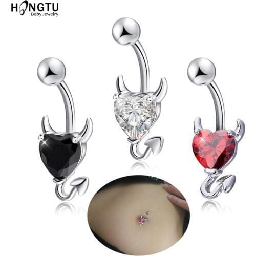 HONGTU 1PC Crystal Devil Heart Belly Button Ring Cute Zircon Navel Piercing Surgical Steel Nombril Ombligo Body Jewelry 14g