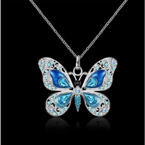 Dainty Rainbow Zircon Wedding Necklace Vintage Female Butterfly Pendant Necklace Vintage Silver Color Chain Necklaces For Women