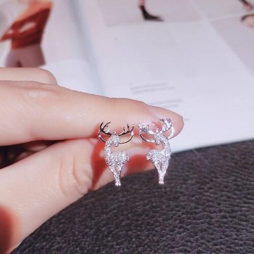 Exquisite 925 Sterling Silver Stud Earrings for Women Cute Elk White Zircon Stone Crystal Inlaid Christmas Earrings Jewelry