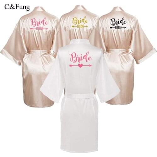 C&Fung white champagne robe hot pink letter bride tribe arrow bridal kimono satin short robes Bachelorette party wedding robes