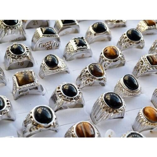 Yingwu Natural Tiger Eye Rings Band Silver Plated Stone Ring For Men Women Antique Fashion Jewelry 20pcs Lot
