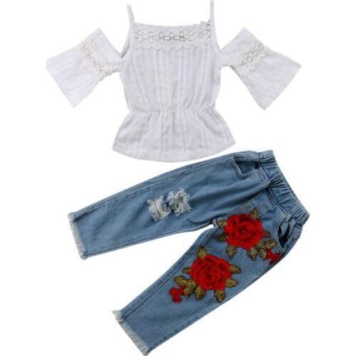 2Pcs Toddler Kids Baby Girls Lace Flower Embroidery Sunsuit Set Baby Girl Summer Blouse Shirt Tops Jeans Denim Pants Set Clothes
