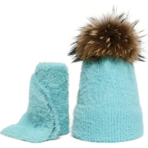 2019 New Knitted Winter Hat Scarf Set Women Kids Thick Cotton Real Fur Pompon Beanies And Scarf Female Knitted Accessories Girls