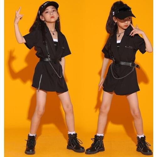 Girls Jazz Dance Costumes Children Hiphop Performance Catwalk Stage Outfits Black Hiphop Suit Kids Street Dance Wear DQS7361