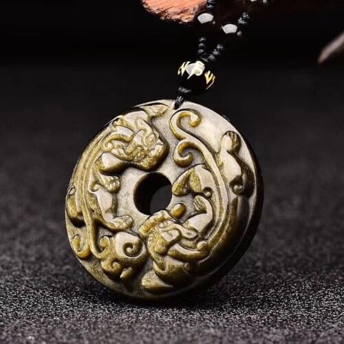 Beautiful Natural Stone Gold Obsidian Handmade Carved Pi Xiu Lucky Amulet Animal Pendant Powerful Fashion Jewelry Gift
