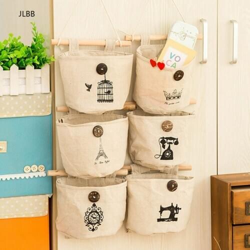 Creative Retro Cotton and linen storage bag hanging type Nostalgic cloth storage bag dormitory storage bags hanging pocket