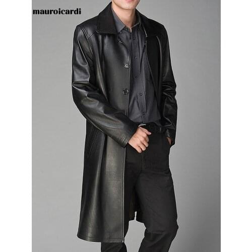 Mauroicardi Autumn Long Black Faux Leather Trench Coat for Women Long Sleeve Single Breasted Luxury British Style Fashion 2021