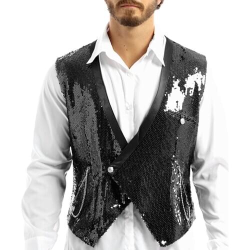 Mens Gothic Steampunk Shiny Sequins Deep V-Neck Sleeveless Vest Victorian Renaissance Waistcoat Party Disco Rave Dance Tops