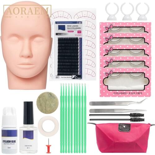 AORAEM False Eyelash Extension Training Kit Exercise Practice Mannequin Eye Pads Tweezers Glue Grafting Eyelash Makeup Tools Kit