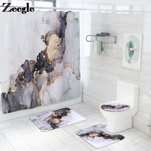 Marble Printed Bath Mat Set with Polyester Waterproof Shower Curtain Toilet Rug Set Absorbent Anti-slip Bathroom Carpet Set