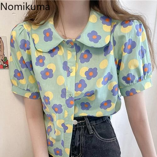 Nomikuma 2021 Summer Korean Floral Blouse Shirt Sweet Puff Sleeve Peter Pan Collar Womens Tops Causal Blusas Feminimos 6H548