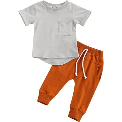 New Baby Short Sleeve + Trousers, Casual Style with Pocket Decoration, Elastic Waist Summer Clothing