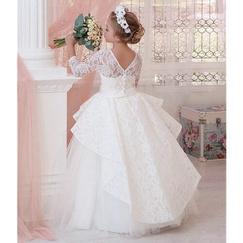Ivory White Flower Girl Dress Lace Tiered Tulle O Neck Long Sleeve Girls First Communion Dress for Ceremony Birthday Gown