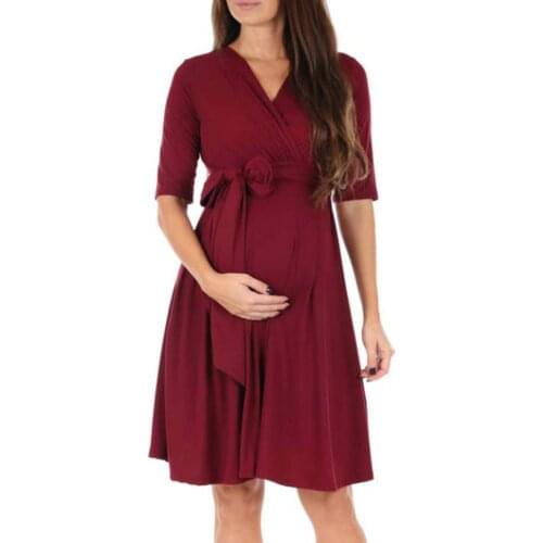 Women High-Low Surplice Wrap With Waist Belt Maternity Dress Adjustable V Neck Nursing Dress Breastfeeding Pregnant Clothes