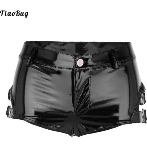 TiaoBug Sexy Black Women Lingerie Wet Look Patent Leather Low Rise Clubwear Mini Shorts Hot Pants With Buckles