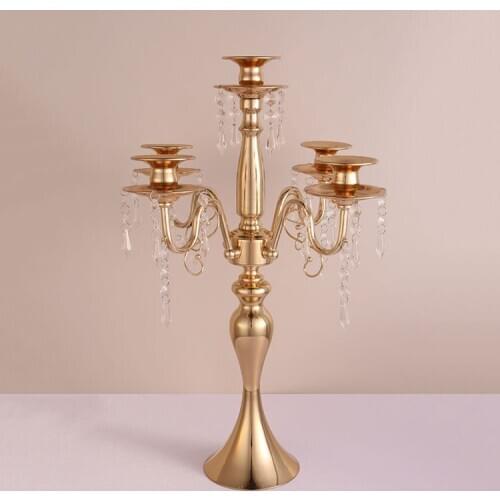 Wedding Gold Centerpiece Decoration 55cm Tall 5-arms Candelabra Metal Candle Holder with Crystal Pendants