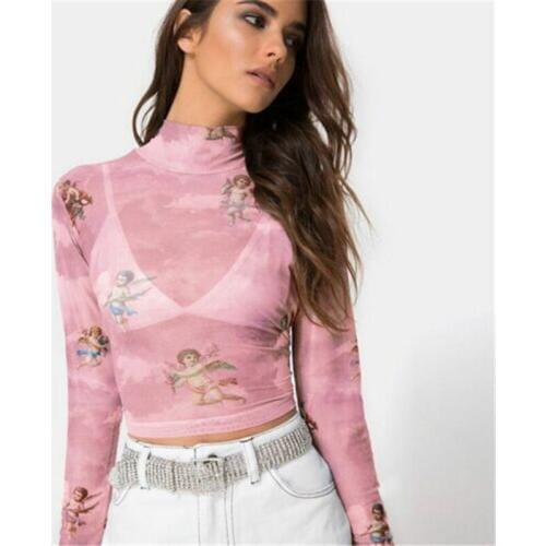 Summer Womens T-Shirts Sexy Girl Perspective Print Tulle Mesh Angel Print Long Sleeve Top T-Shirt Tees Femme