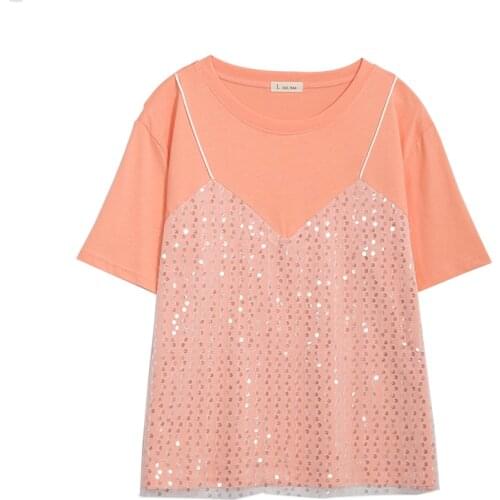Summer Fashion Girlish Style Orange Fake Two-piece Suspender T Shirt With Sequins Decoration Short Sleeve O Neck Tees Tops Women