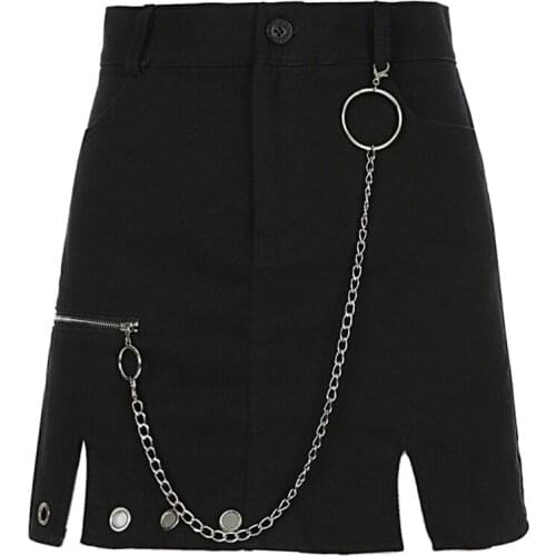 Women Gothic Punk High Waist A-Line Black Mini Skirt Zipper O-Ring Metal Chain Patchwork Split Hem Harajuku Streetwear