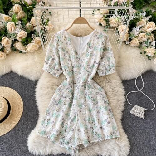 Fashion Printed Jumpsuit Shorts New 2021 Summer Short Sleeve V-neck Body Suits For Women Korean Elegant Ladies Casual Rompers