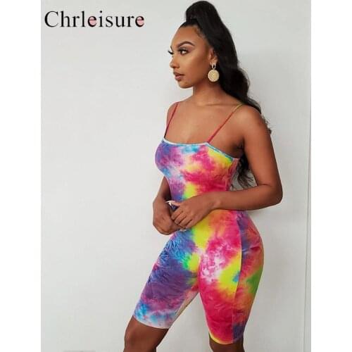 Tie Dye Fitness Playsuits Women Slim Bodycon Rompers 2020 Summer Sexy Party Club Short Jumpsuit