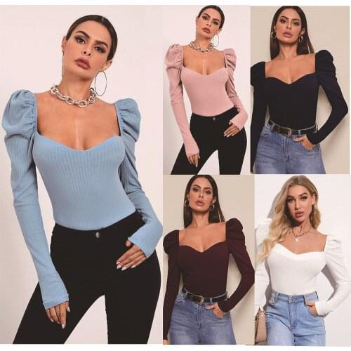 2021 autumn and winter new bubble long sleeve womens Pullover straight neck solid slim fit T-shirt