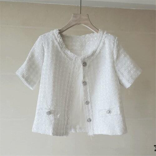 Fashion Female Plaid O-neck Tweed Short Coat Vest 2021 Autumn New Vintage Elegant Short Sleeve White Jacket Vest