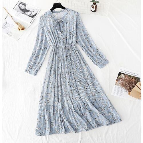 Elegant Floral Print Women Summer Dress Sweet Bow collar Long Sleeve Female Pleated Chiffon Dresses 2020 Vintage Midi Vestidos