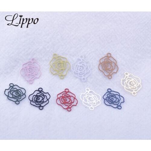 100pcs AC5215 10*13mm Brass Flower Connector Small Rose Flowers Charms Filigree Watermark Jewelry Earring Findings