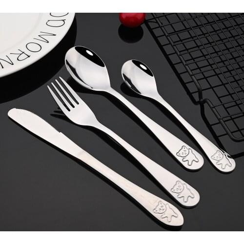 4Pcs 304 Stainless Steel Kids Dinnerware Cutlery Cartoon Pattern Carving Children Tableware Western Spoon Fork Set Baby Flatware