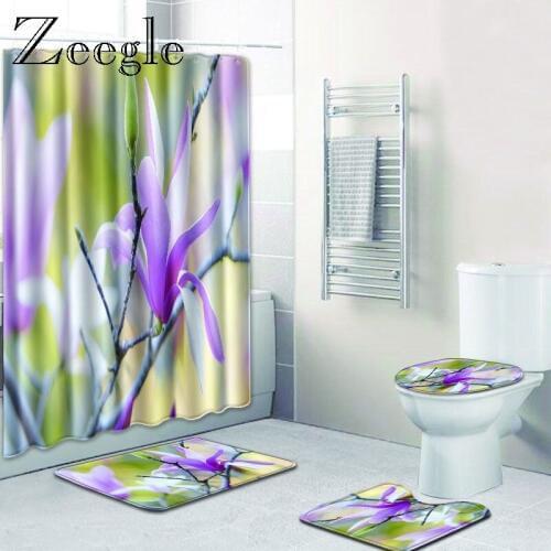 Zeegle 3d Printed Flower Bath Mat Set Waterproof Shower Curtain Anti-slip Pedestal Rug Toilet U Type Mat Lid Toilet Cover Rug