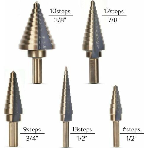 5X Cobalt Multiple Hole Cut 50 Sizes Step Drill Bit Set Kit w/ Aluminum Case USA 5pcs Metric Hss Cobalt Step Drill Bit Set