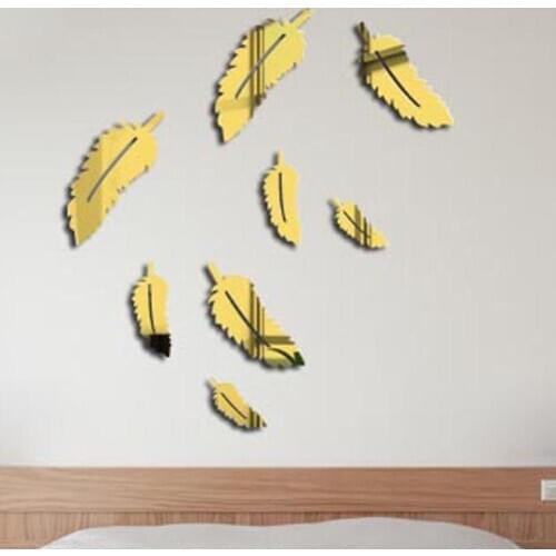 8Pcs 3D Mirror Removable Feather Wall Sticker Decals Home Living Room Decor