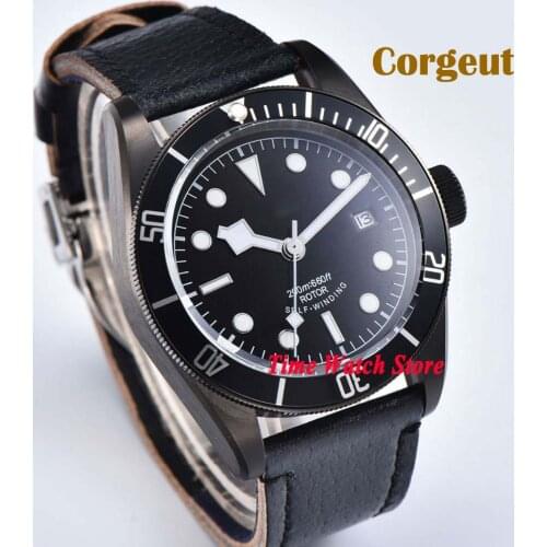 Corgeut 41mm Miyota 8215 20ATM pvd automatic mens watch sapphire glass luminous black strile dial waterproof leather strap