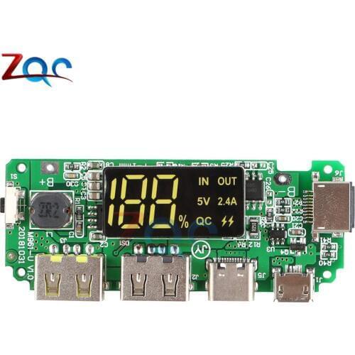 QC Fast flash LED Dual USB Micro Type C Light Power Bank 18650 lithium Charger Board Overcharge Overdischarge Circuit Protection