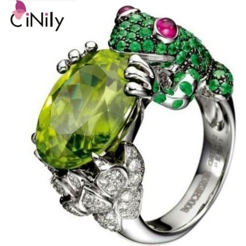 CiNily Vintage Green Zircon Frog Silver Plated Jewelry Ring For Women Wedding Party Birthday Gift 6-10 NJ443