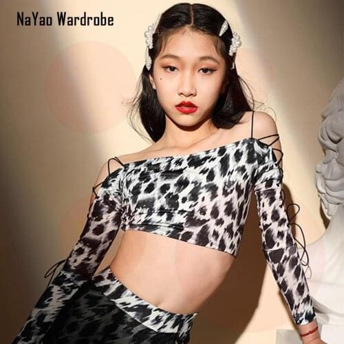 G1174 Striped Sleeve Kids Latin Dance T shirt Leopard Design Girl Latin Dancing Clothes Belly Ballroom Tango Dresses