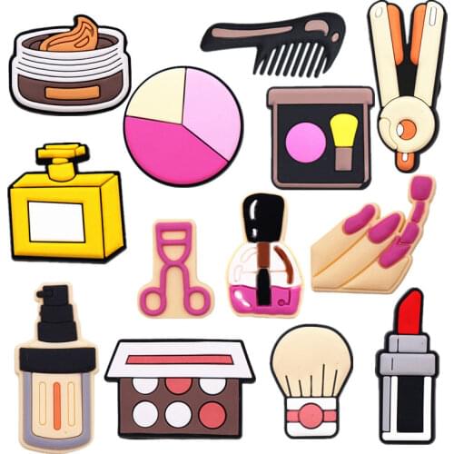 HOT SALE 1pcs Cosmetics Series Shoe Charms Accessories Decorations Rouge Gouache PVC Croc jibz Buckle for Girls Party Kids Gifts