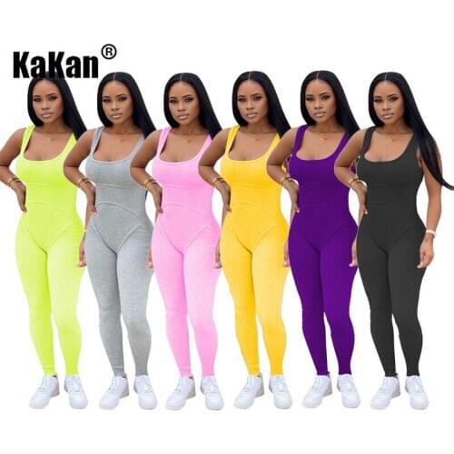 KaKan 2020 European and American New Womens Jumpsuit Solid Color Knitted Jumpsuit