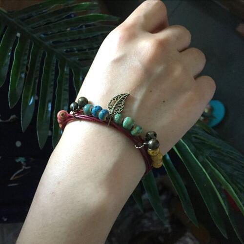 Boho Style Handmade Ceramic Bracelets Alloy Leaf Pattern Colorful Beaded Rope Chain Small Bell Bracelet Jewelry for Women