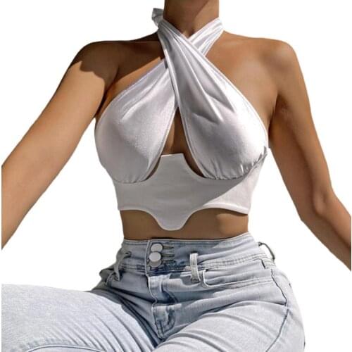 Womens Plain Crop Tank Tops, Sleeveless Cross Halter Neck Irregular Hem Camisole