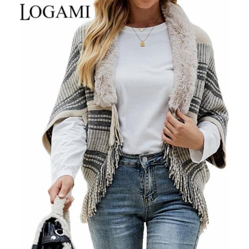 LOGAMI Autumn Winter Shawl Cloak Fringed Cardigan Fur Collar Coat Women Ponchos and Capes