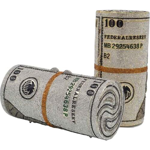 Fashion Money Cylinder designer Evening Bags Dollar Crystal Bags Silver Gold Party Purse Clutch Bags Women Handbags SM69