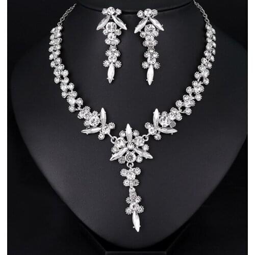 New Wedding Jewelry Sets for Charming Women Dresses Dating Accessories Glass Crystal Necklace Earrings Sets A