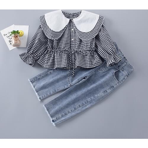 2-7 Years High Quality Spring Girl Clothing Set 2021 New Fashion Casual Plaid Shirt + Jeans Kid Children Girls Clothing