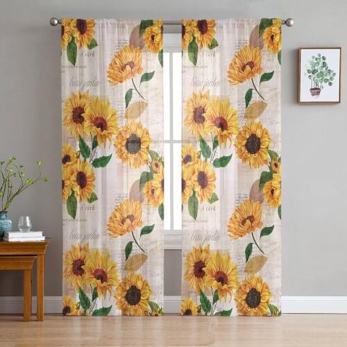 Sunflower Old Newspaper Background Tulle Window Treatment Sheer Curtains for Kitchen Living Room the Bedroom Curtains Decoration