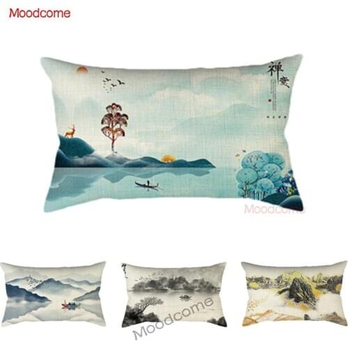 Rectangle Lumbar Waist Pillow Case Chinese Ink Painting River Mountain Sunrise Sunset Asian Decoration Sofa Throw Cushion Cover