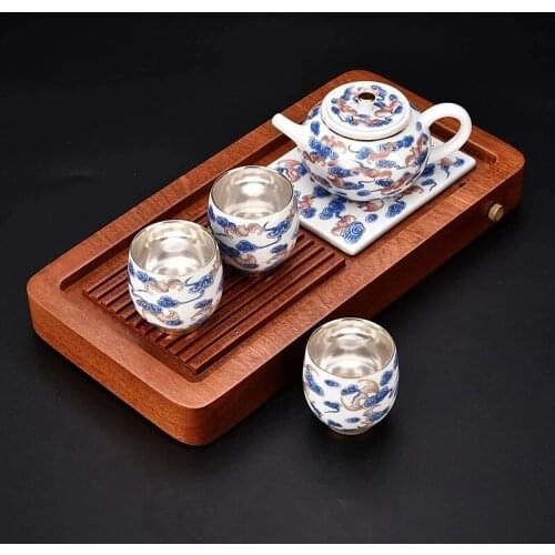 999 silver Chinese gift Silver Tea set Gaiwan/pot cups Rosewood tea tray Pure silver plating office travel teaset