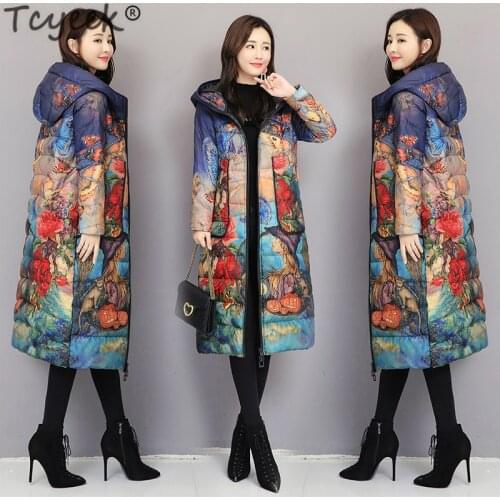 Tcyeek Womens Coats Winter Thick Warm Down Jacket Long Down Parka Plus Size 5XL Print Coat Female Hooded Fashion Clothes LWL1336