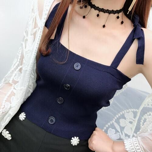 Summer Women Fashion Slim Knitting Tank Crop Tops With Bow Straps Female Knitted Cropped Camisole Sleeveless Short T shirts G59